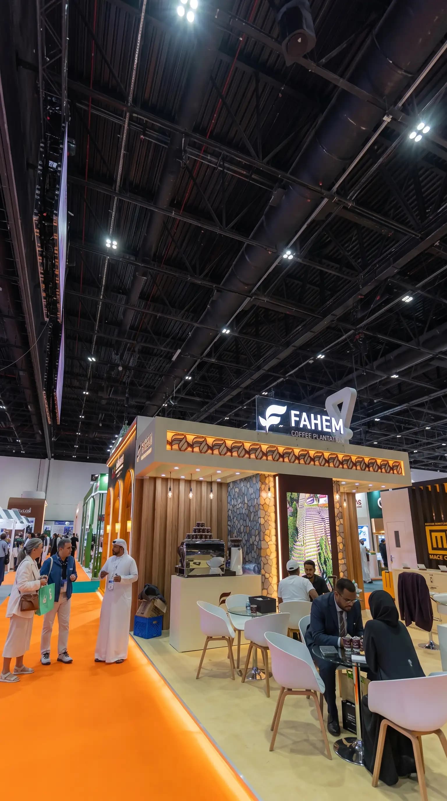 Vertical architectural view of custom exhibition stand joinery and venue rigging in Dubai